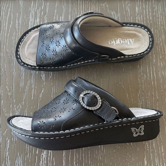Alegria KLOVER Black Leather Slide Sandals or Slingback Lacer Cut Design Size 39 - Picture 1 of 12